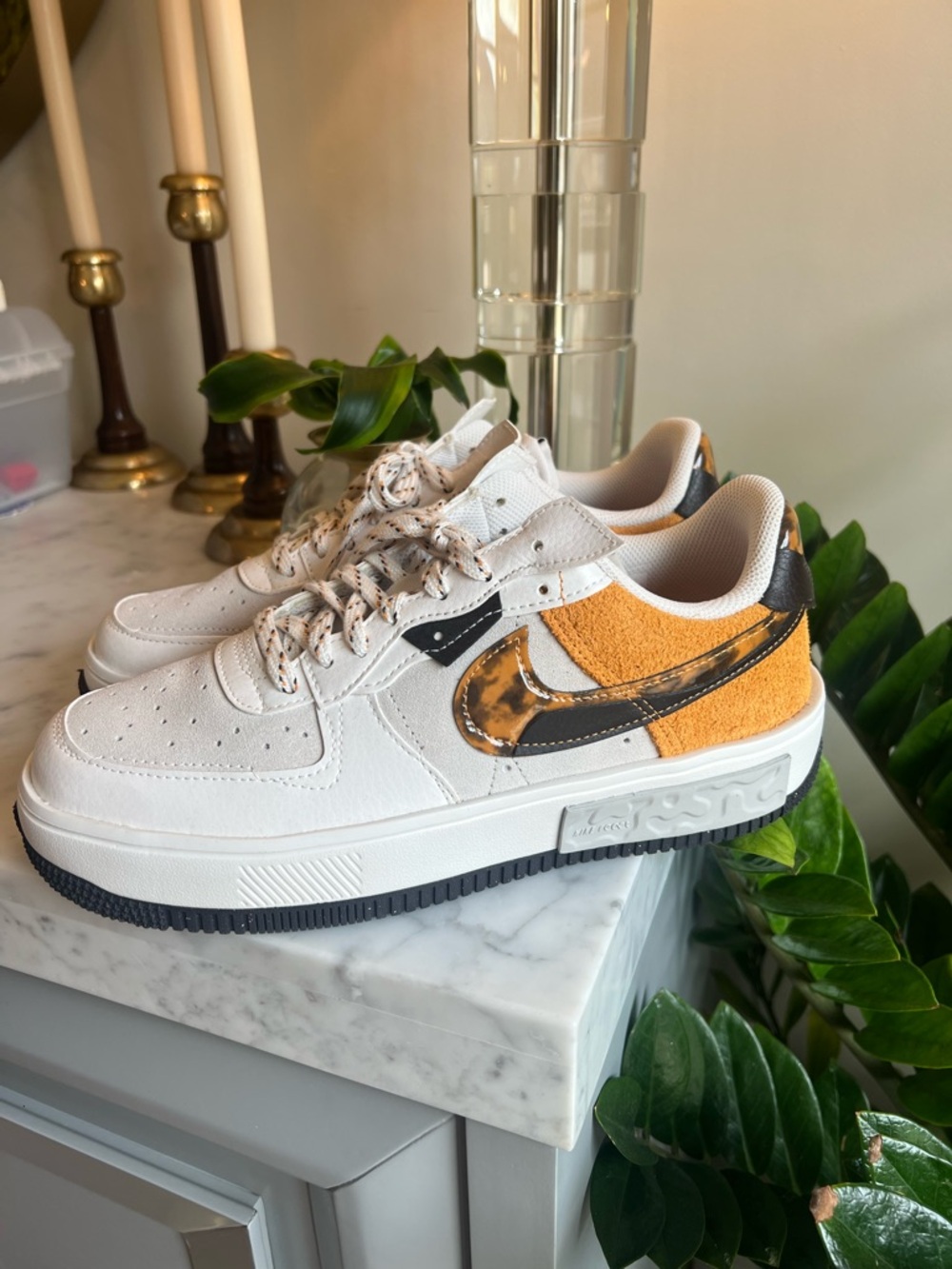 Nike Low-Top Sneakers White with Gold and Black Accents - Picture 1 of 5